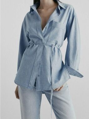 Massimo Dutti button-down denim shirt with a self-tie waist